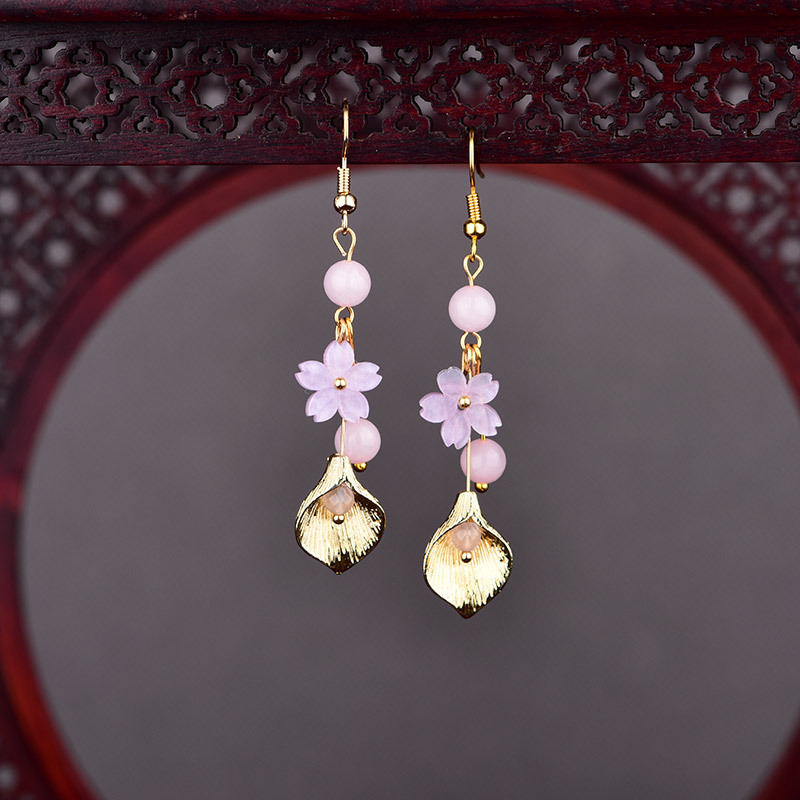 Vintage Item - Pink Natural Jade Flower Earrings Vintage